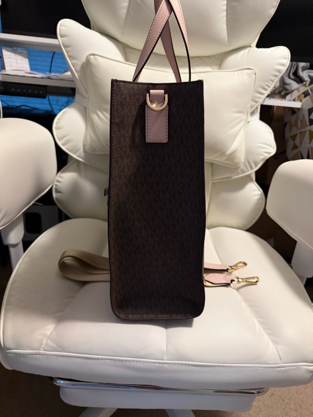 Michael Kors Brown Logo Tote with Pink Trim and Beige Strap - Picture 5 of 7